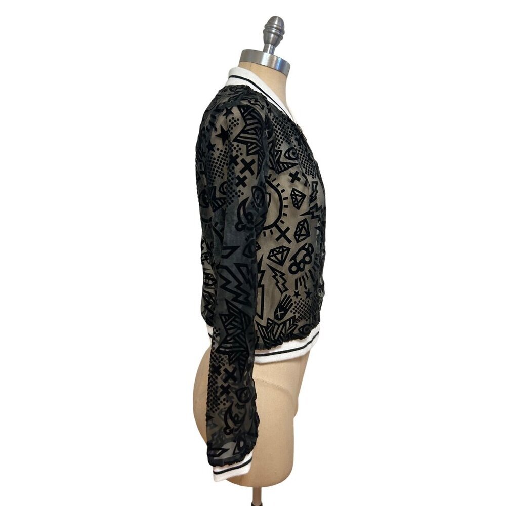 Reebok Studio Womens D Jacket NWT Sheer Black & Coal Graphic Print Bomber Small - Picture 2 of 5